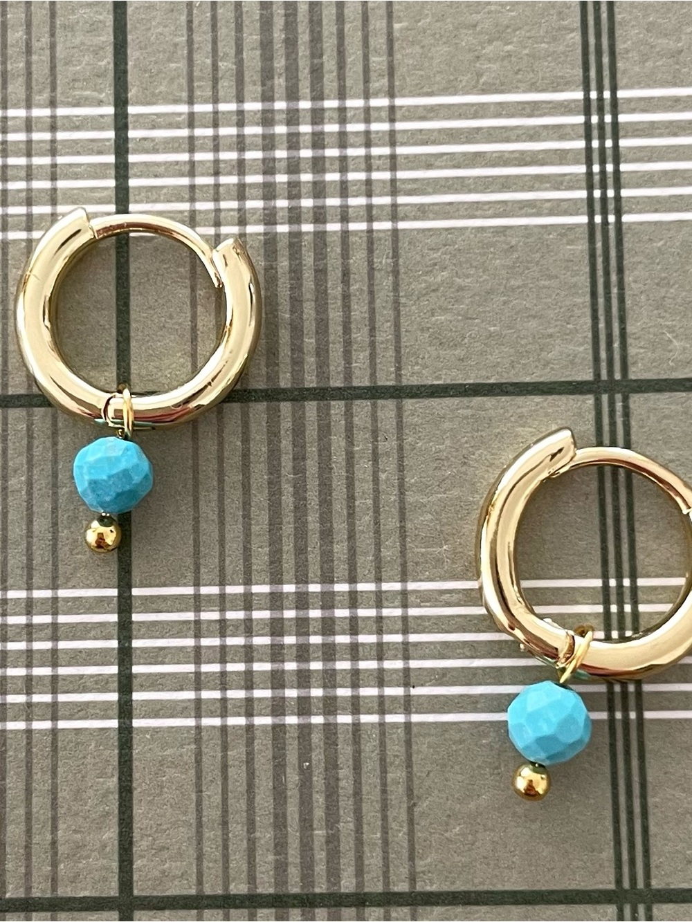 14K Gold Played Hoop Earrings with Turquoise Bead Charm